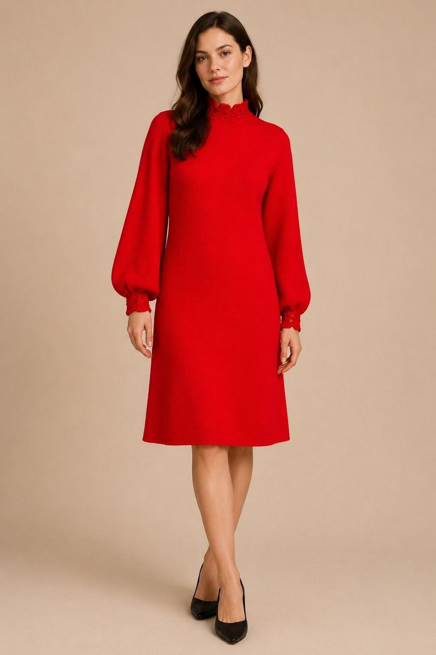 Vintage St. John Knits Red Santana Knit Dress Crochet Trim Balloon Sleeve